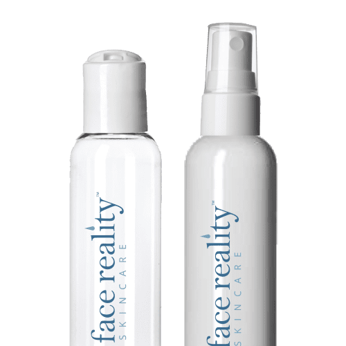 White travel bottles of cleanser and toner 2 oz