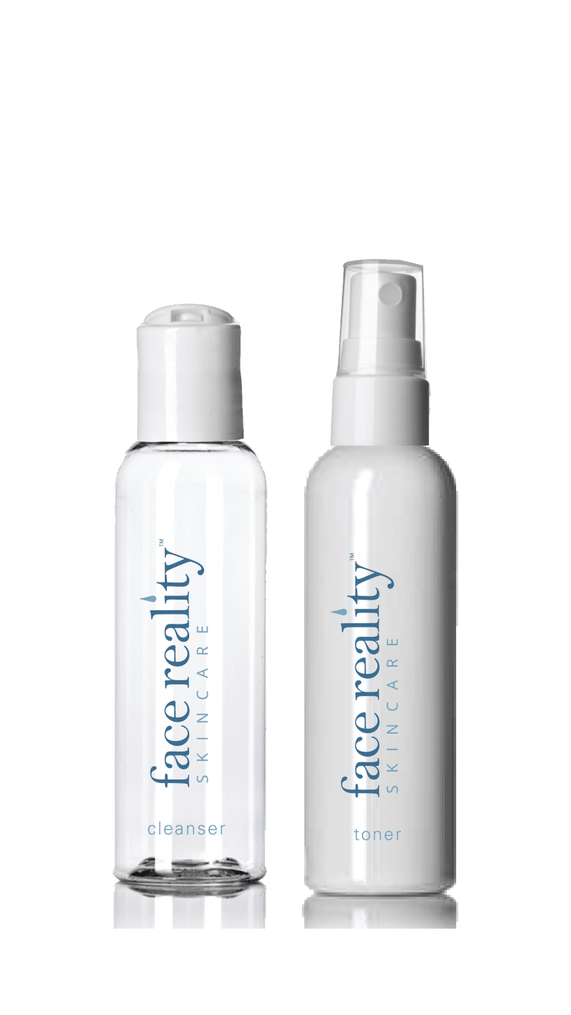 White travel bottles of cleanser and toner 2 oz